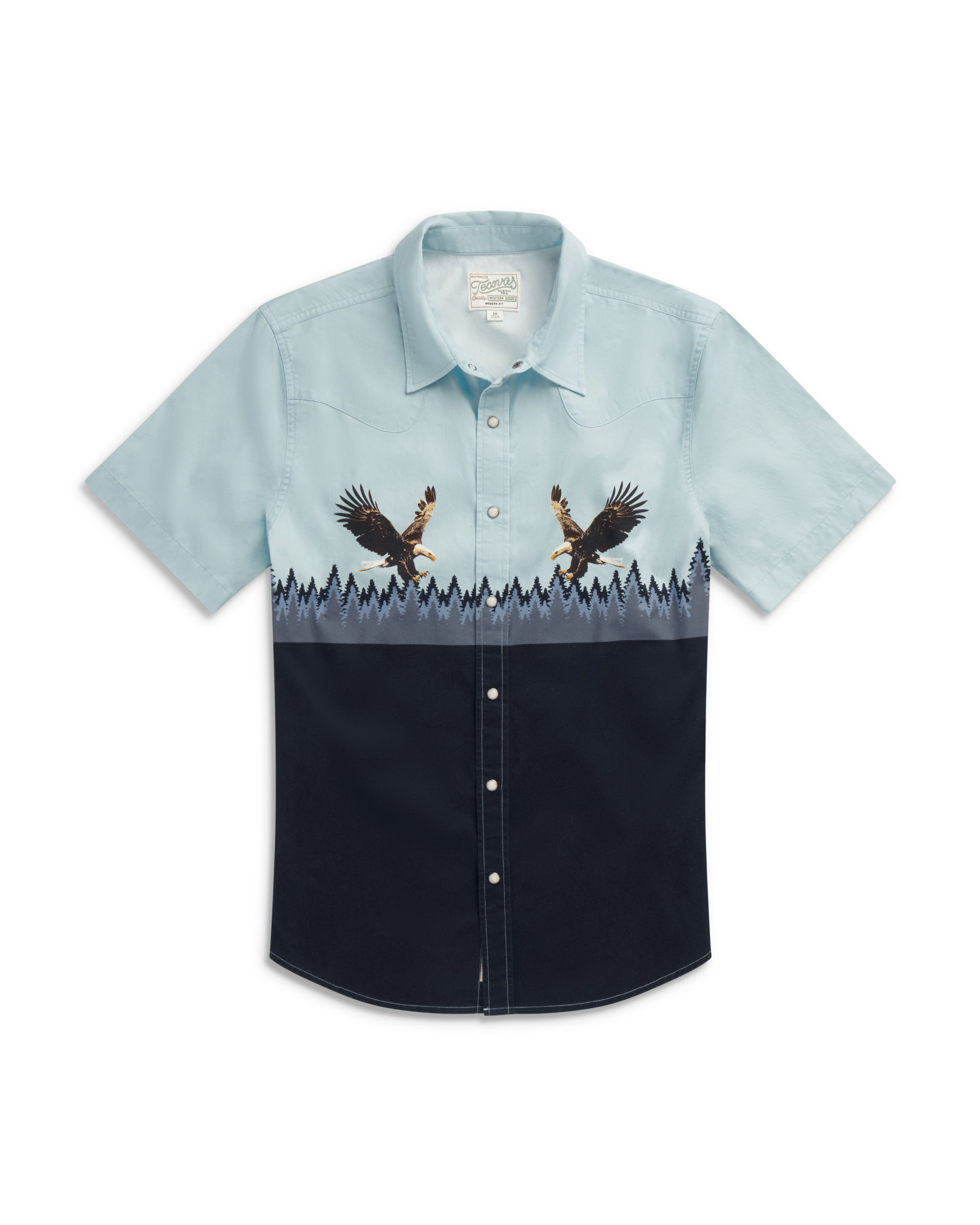 Closeup detail view of Men's Thorn Stopper Short Sleeve Pearl Snap - Aquamarine/Navy