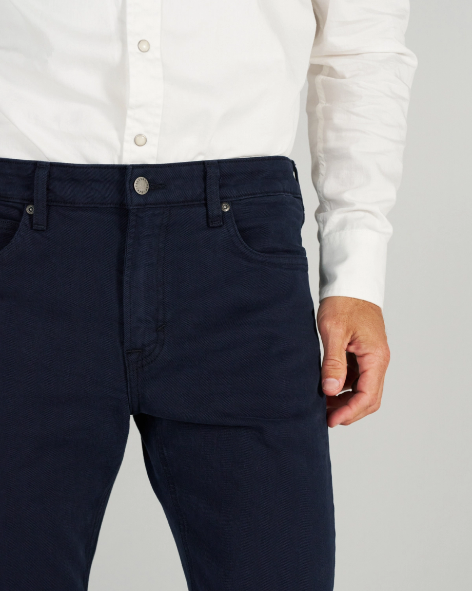 Front view of Men's Slim Straight Stretch Twill - Dark Navy on model
