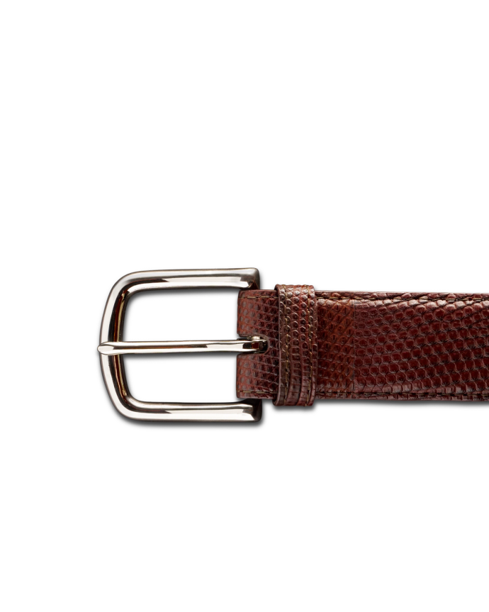 Front view of Men's Lizard Belt II - Hazelnut on plain background