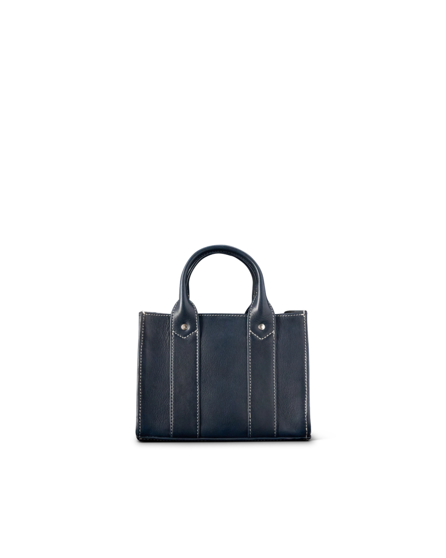Front view of Mini Leather Satchel - Navy on plain background