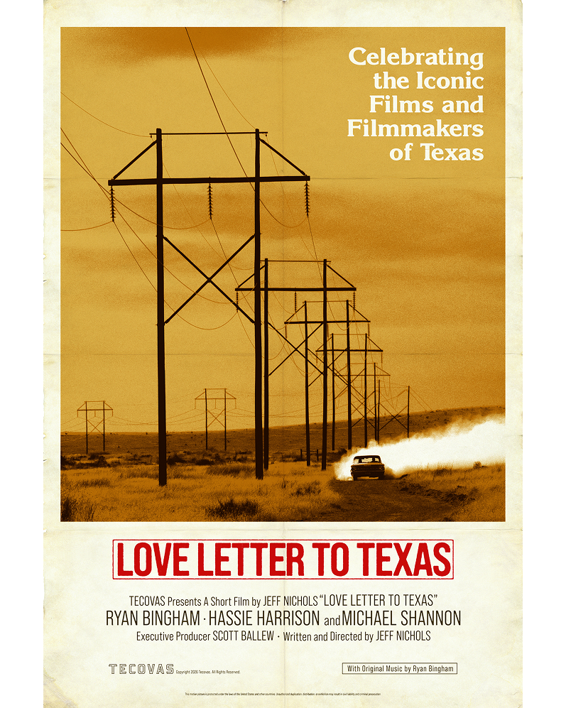 A car drives down a desert road lined with power lines under a sepia sky; text promotes the short film "Love Letter to Texas.