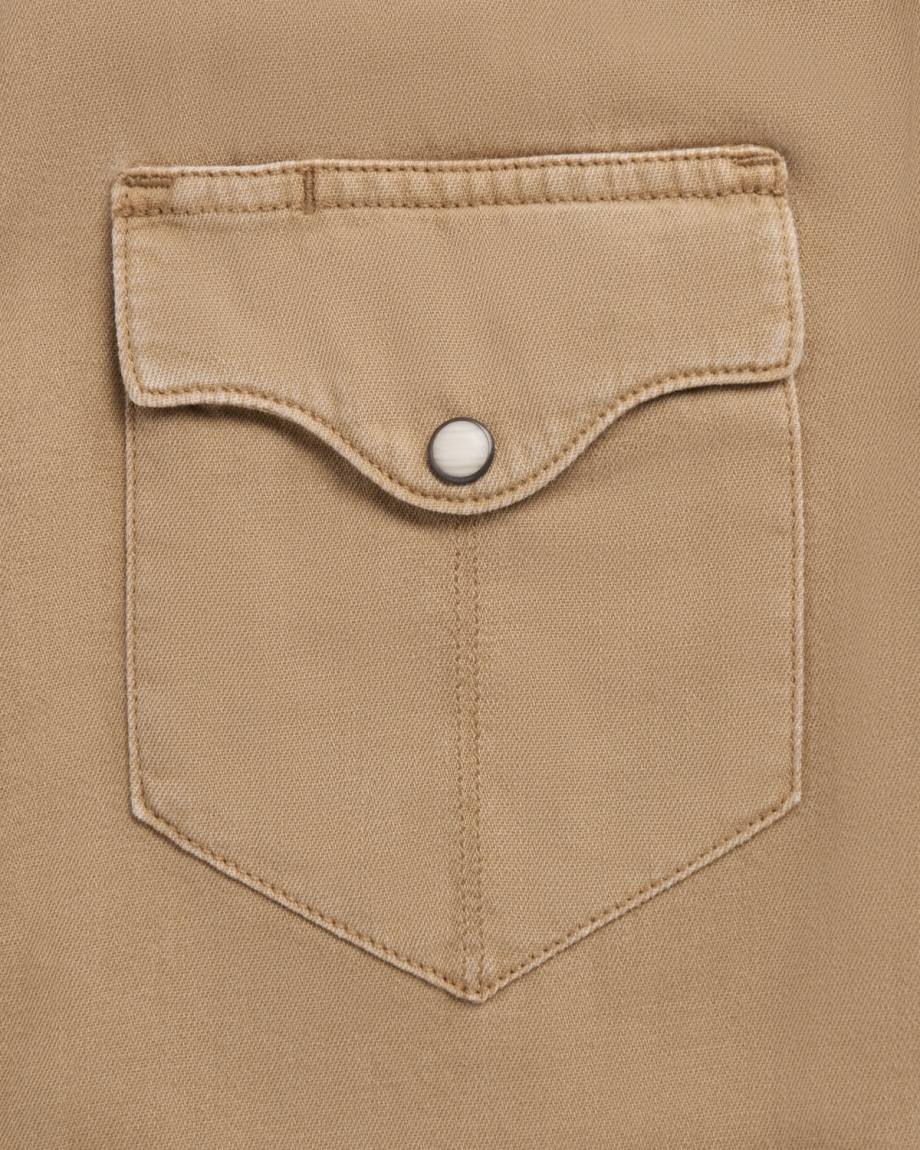 Closeup detail view of Men's Denim Short Sleeve Pearl Snap - Coriander