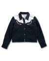 A black button-up shirt with a white yoke design and two white arrows on the front.