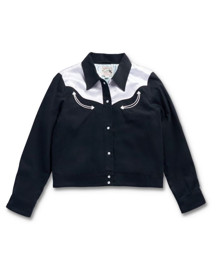 A black button-up shirt with a white yoke design and two white arrows on the front.