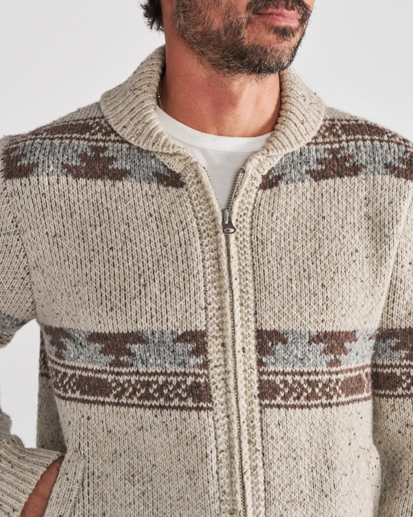 Closeup detail view of Men's Bison Zip Sweater - Oatmeal/Multi