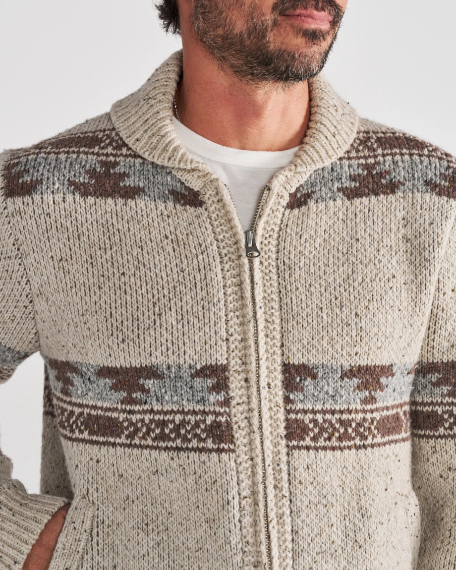 Closeup detail view of Men's Bison Zip Sweater - Oatmeal/Multi