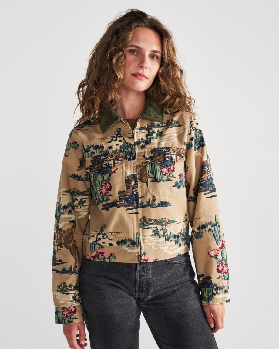 Front view of Women's Western Mechanic's Jacket - Tan on model