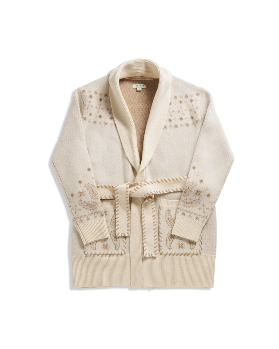 Closeup detail view of Women's Shawl Collar Wrap Sweater - Cream / Tan
