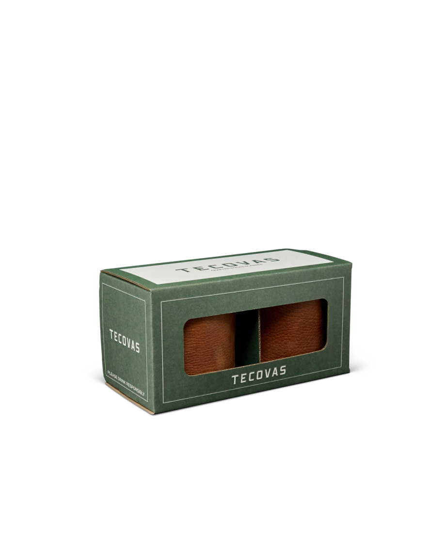 Quarterfront view of Leather Rocks Glasses 2 Pack - Brown on plain background