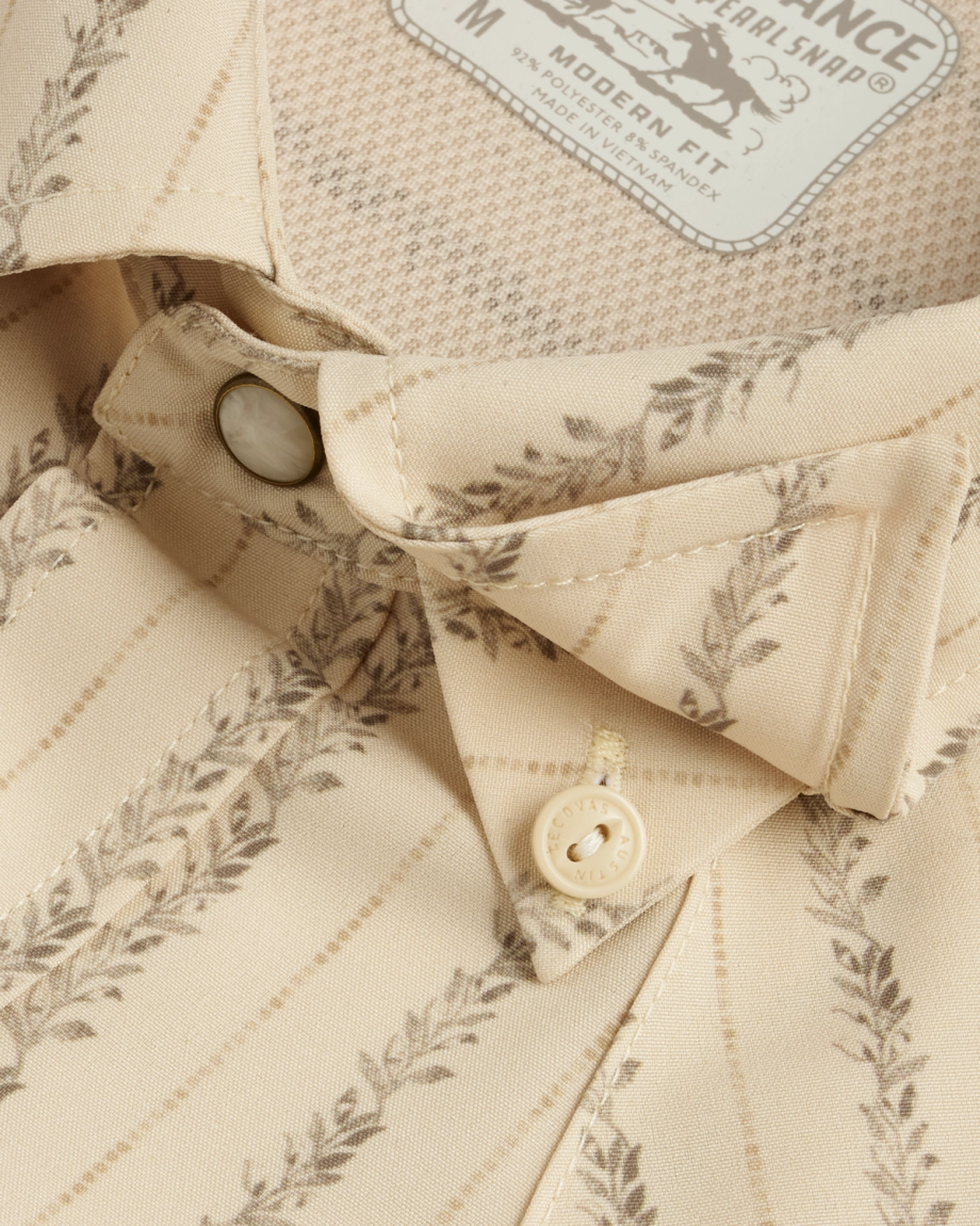Closeup detail view of Men's Performance Western Short Sleeve Pearl Snap - Sandstone/Multi