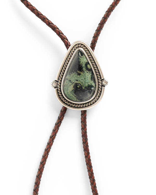 Closeup view of Iron Lamb Kyanite Drop Bolo - Sage/Navy
