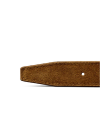 Close-up of the end of a brown suede belt with a pointed tip and a single punched hole, displayed on a white background.