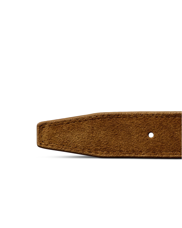Close-up of the end of a brown suede belt with a pointed tip and a single punched hole, displayed on a white background.
