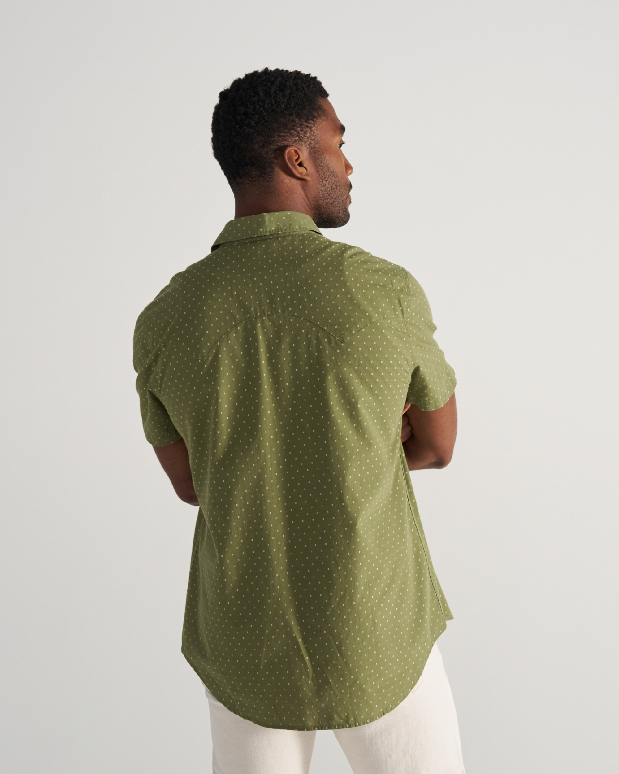 Closeup detail view of Men's Star Stitch Pearl Snap - Sage