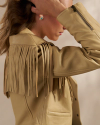 Closeup detail view of Women's Western Leather Fringe Jacket - Lt Tan