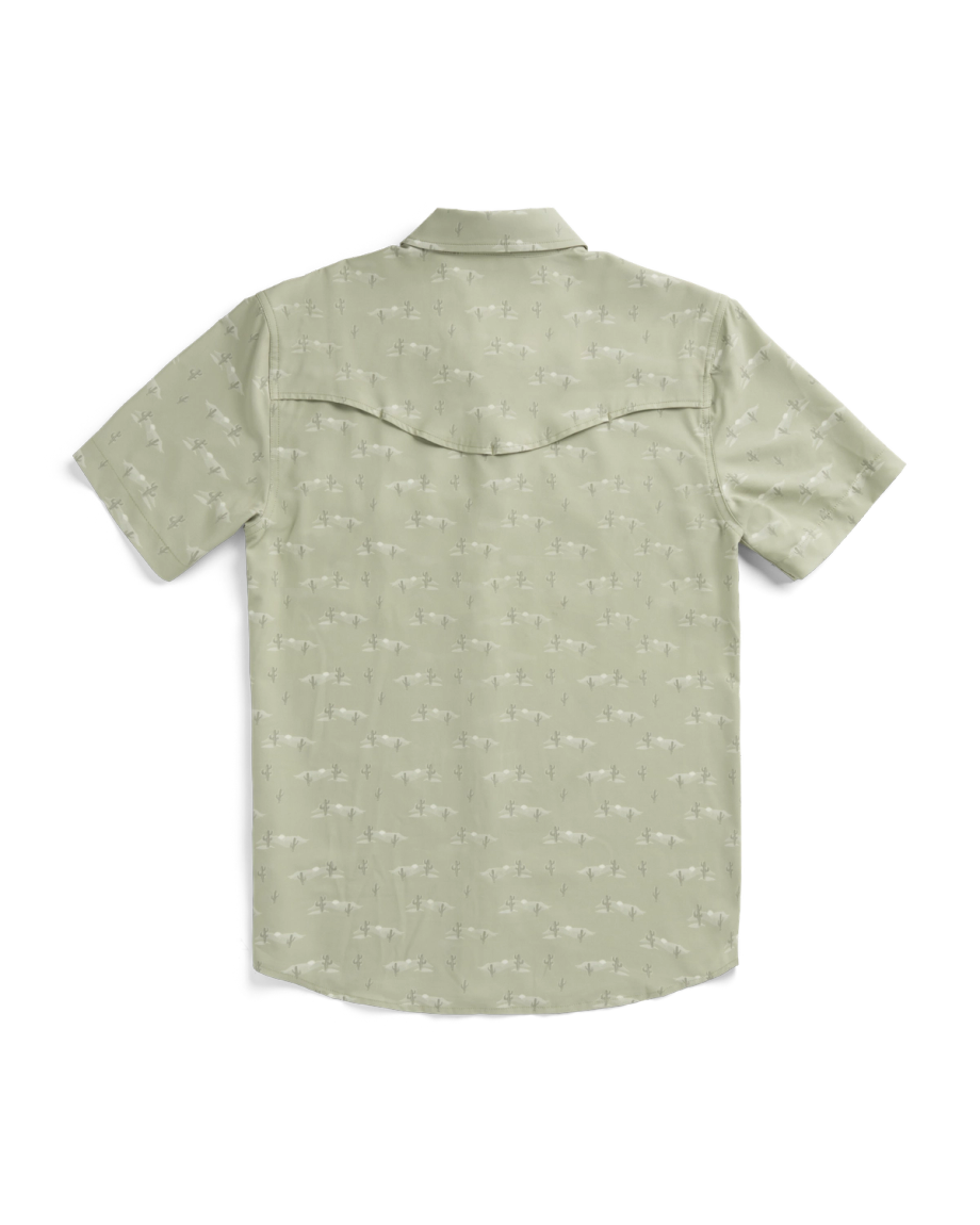 Closeup detail view of Men's Performance Western Short Sleeve Pearl Snap - Desert Sage/Light Sand