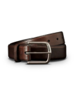A brown leather belt with a silver rectangular buckle, placed on a plain white background.