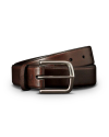 A brown leather belt with a silver rectangular buckle, placed on a plain white background.