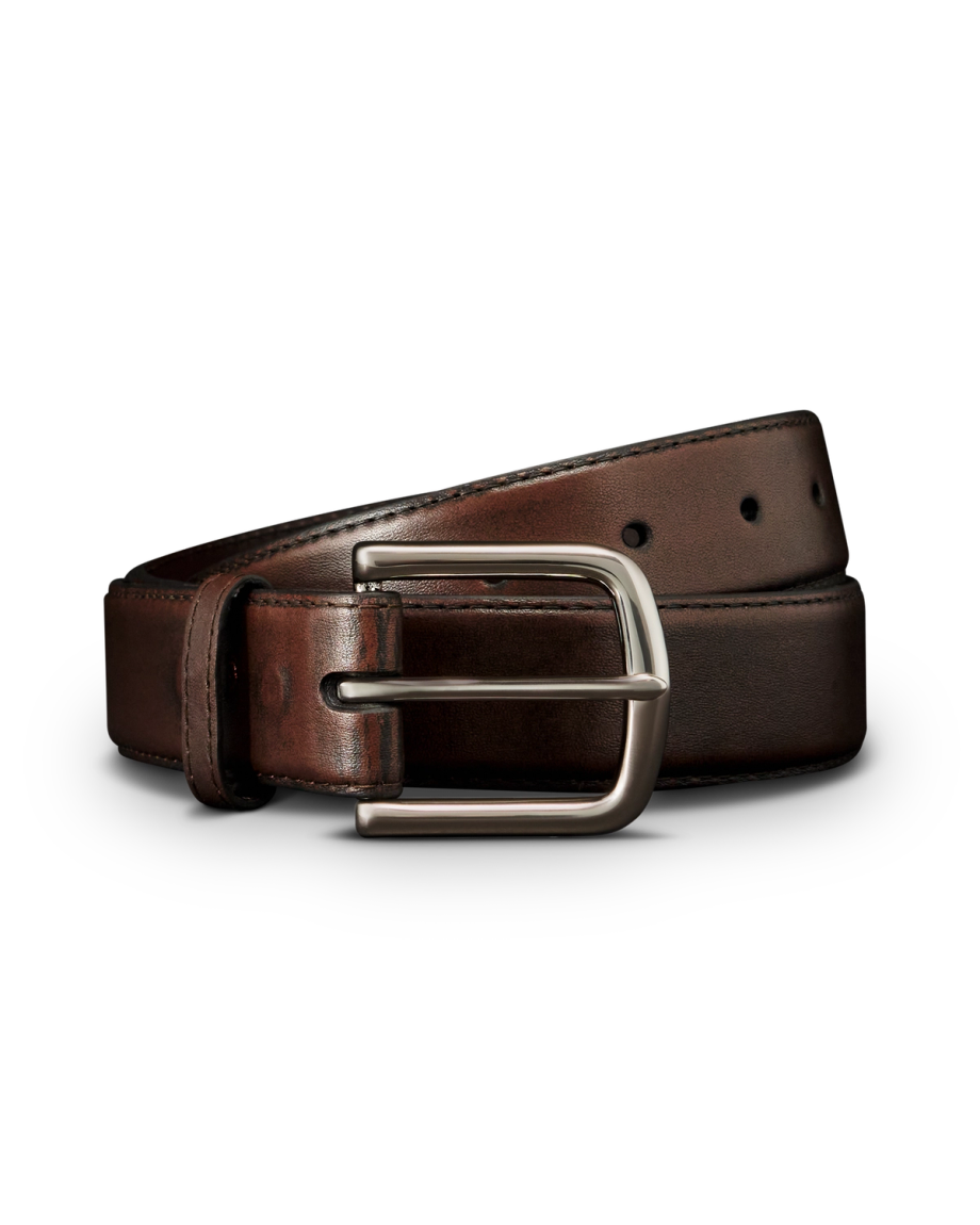 A brown leather belt with a silver rectangular buckle, placed on a plain white background.