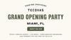 Invitation for Tecovas Grand Opening Party in Miami, FL from 7/11-7/13, featuring live music, complimentary beverages, and freebies for the first 50 guests.