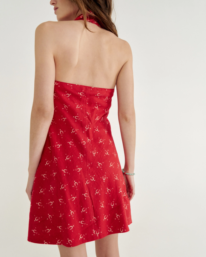 Back view of Women's Sleeveless Collared Mini Dress - Red on model