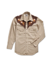 Closeup detail view of Tecovas x Cathy Hahn Men’s Vintage Western Pearl Snap - Tan / Chocolate