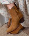 A close-up of a person wearing brown suede ankle boots with zippers, captured as they stand on a woven rug, complementing a floral dress.