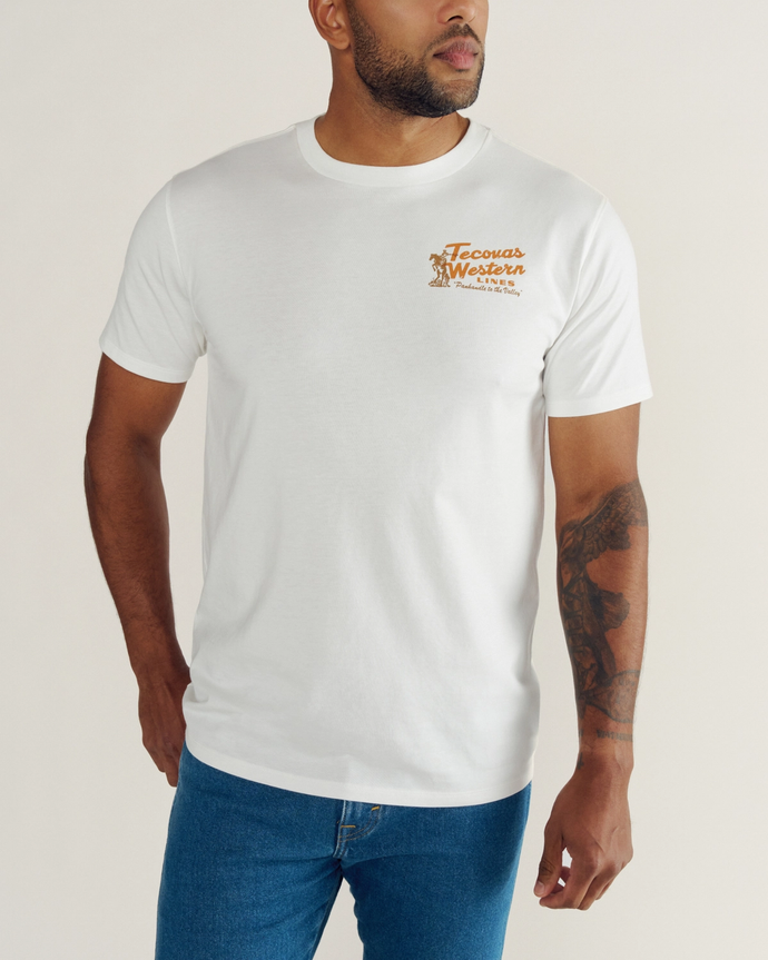 Front view of Men's Tecovas Western Lines Tee - Bone / Multi on model