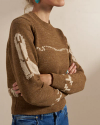 Front view of Women's Crew Neck Lucky Boots Sweater - Brown Heather/Oatmeal on model