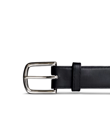 Black leather belt with a silver buckle against a black background.