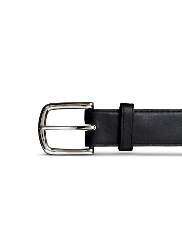 Black leather belt with a silver buckle against a black background.