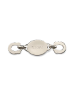 A silver metal clasp with two hooks on each end and an oval center engraved with the word "Tecovas.