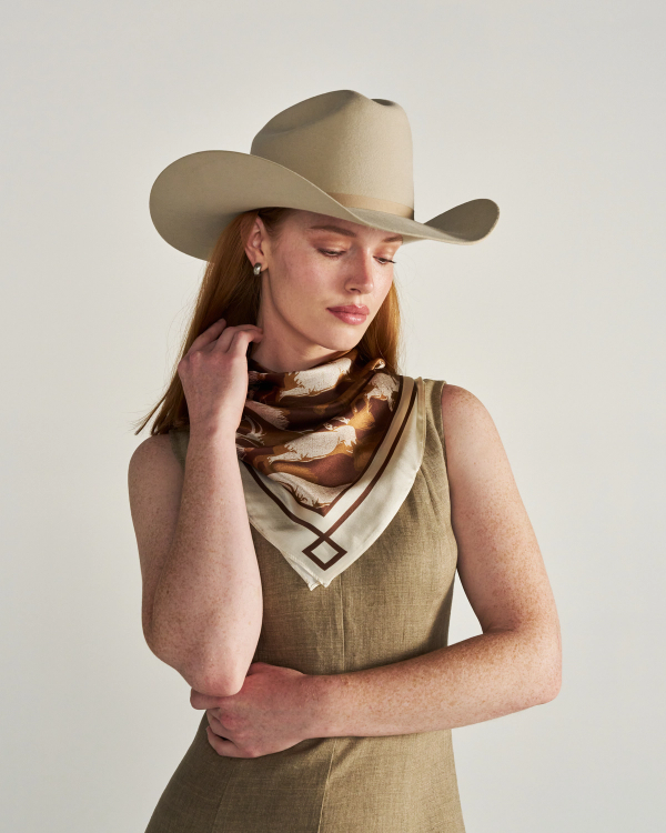 Front view of Running Horses Wild Rag - Brown Multi on model
