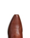 Close-up of a pointed brown leather cowboy boot with intricate decorative stitching on the upper part, set against a black background.