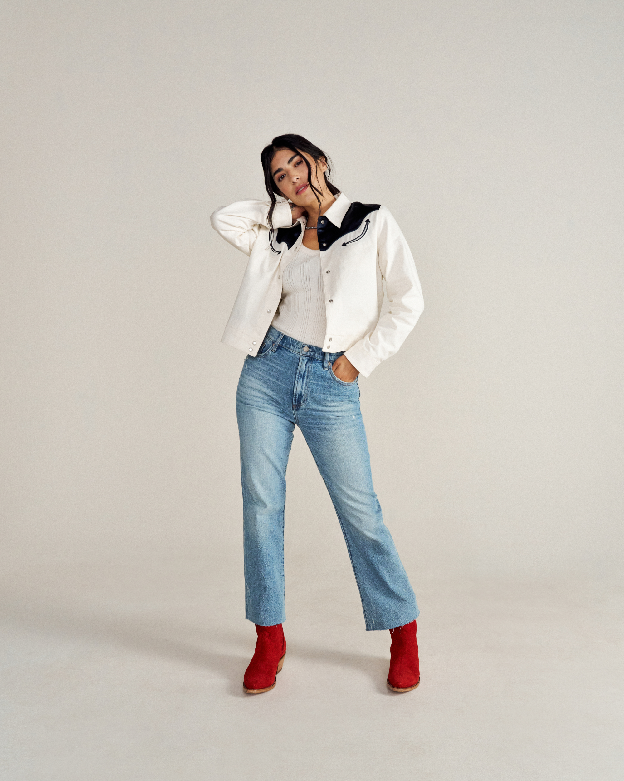 Full view of Women's Dolly Jacket  - Blue / White on model