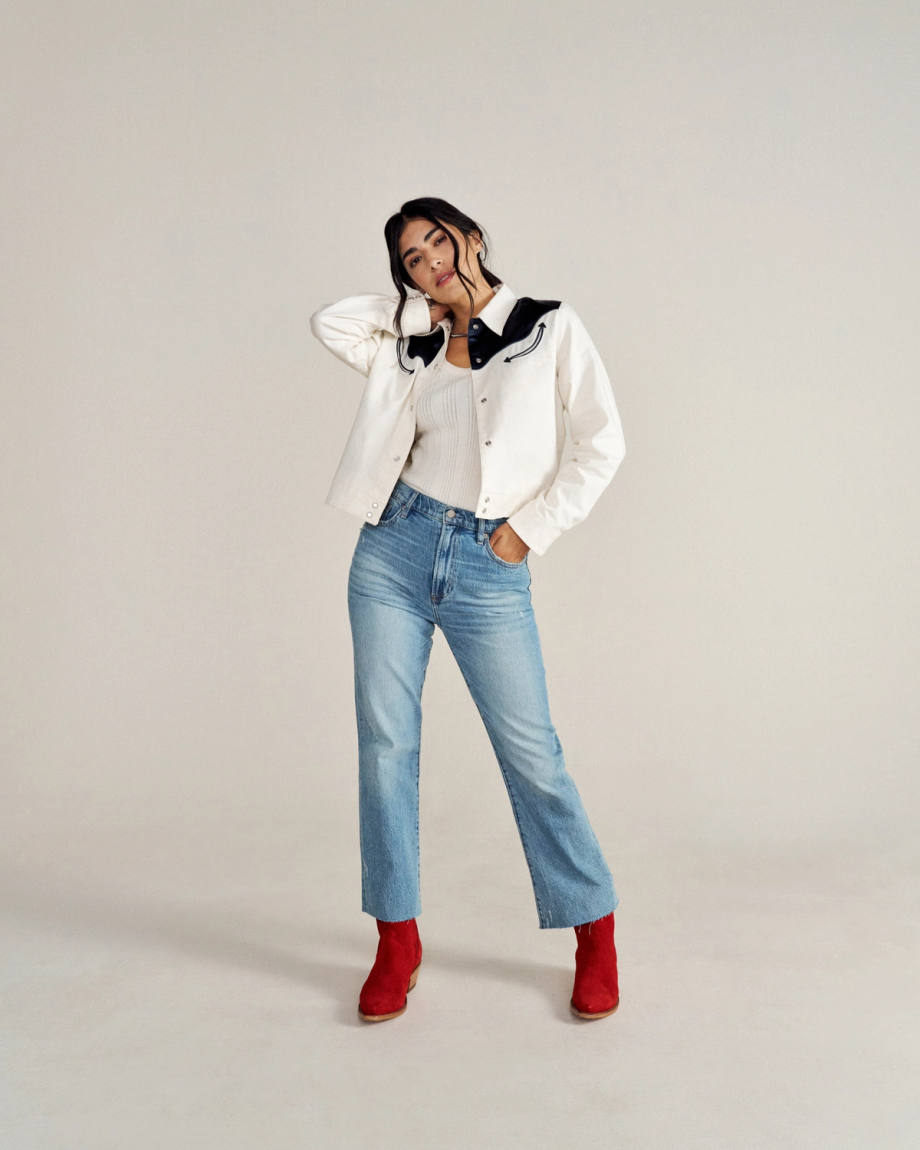 Full view of Women's Dolly Jacket - Blue / White on model