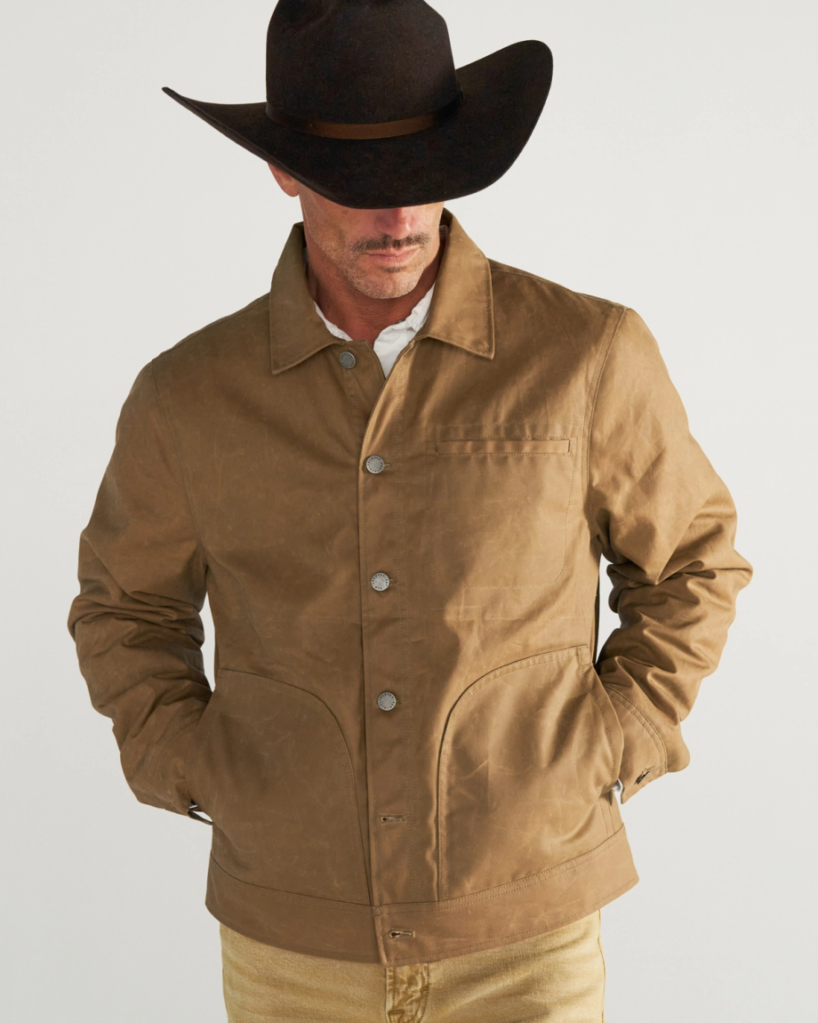 Front view of Men's Waxed Ranch Jacket - Field Tan on model
