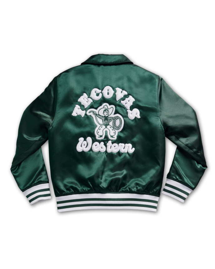 Back view of Men's Varsity Jacket - Green on plain background