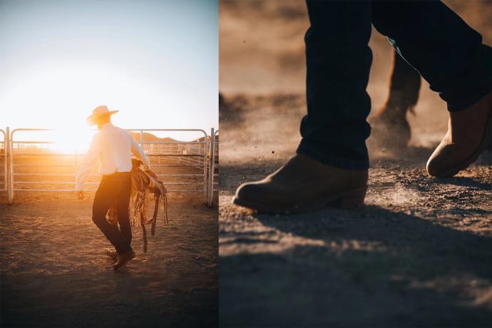 split screen man in corral, man's boots