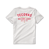 White T-shirt with red text on the back: "Tecovas, makers of fine Western goods, Austin, Tex.