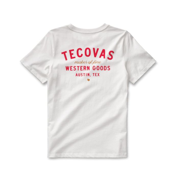 White T-shirt with red text on the back: "Tecovas, makers of fine Western goods, Austin, Tex.