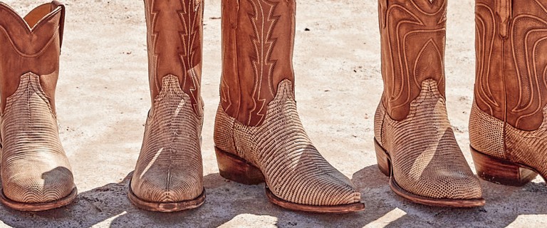 Exotic cowboy and cowgirl boots lined up in the desert