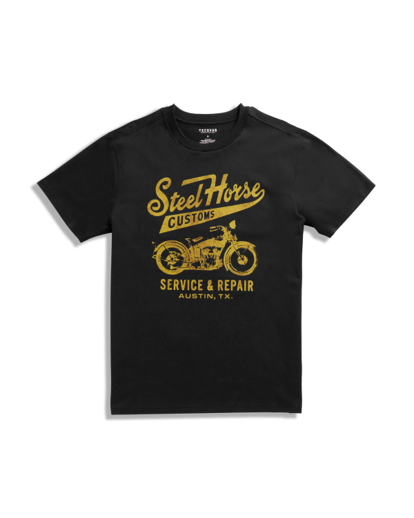 Front view of Men's Steel Horse Tee - Black / Gold on plain background