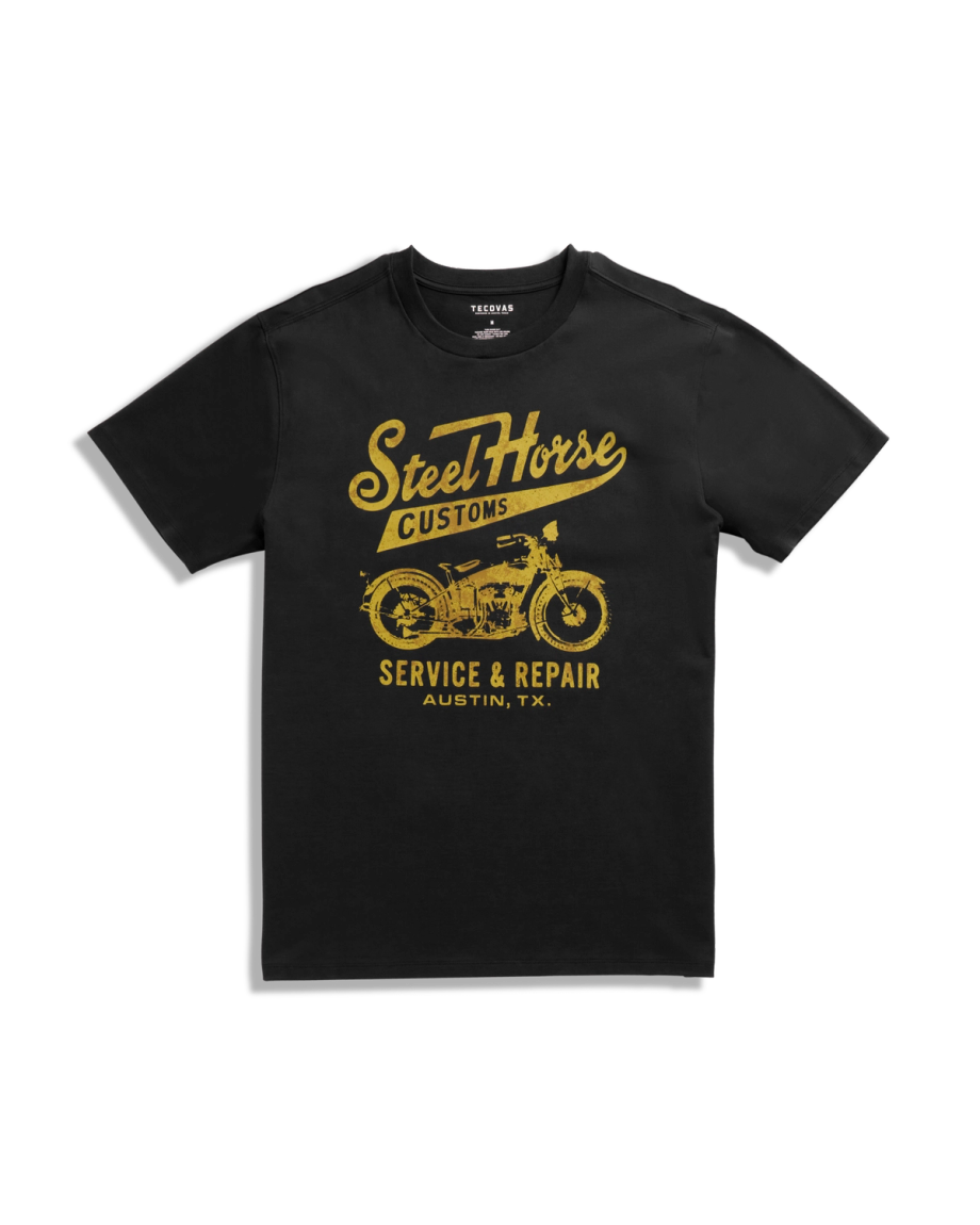 Front view of Men's Steel Horse Tee - Black / Gold on plain background