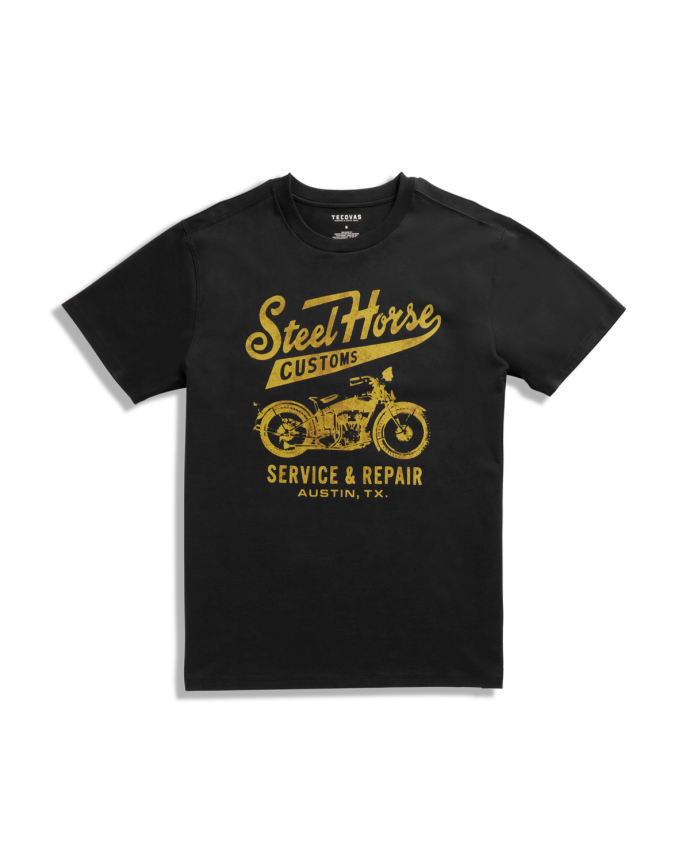 Front view of Men's Steel Horse Tee - Black / Gold on plain background