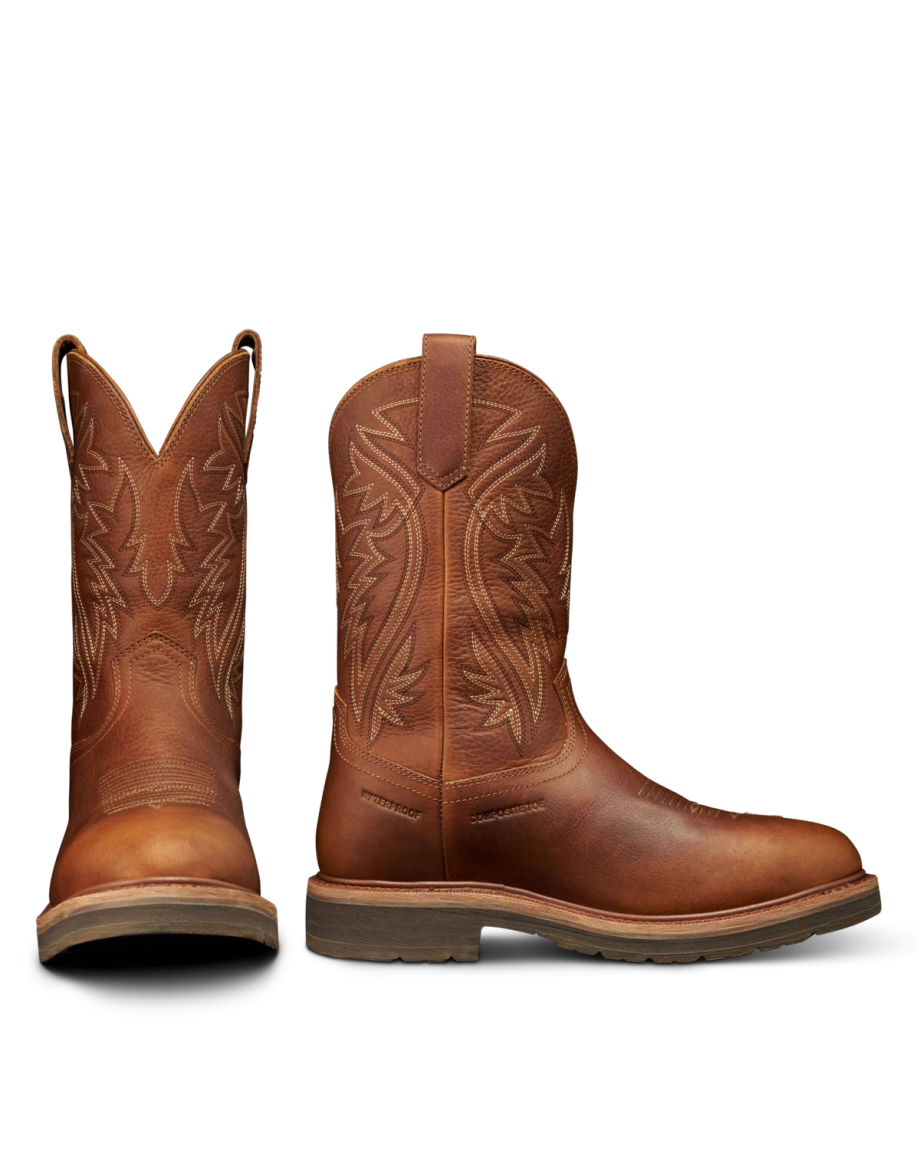 Pair view of The LH WP Round Comp Toe Work Boot - Saddle Cowhide on plain background