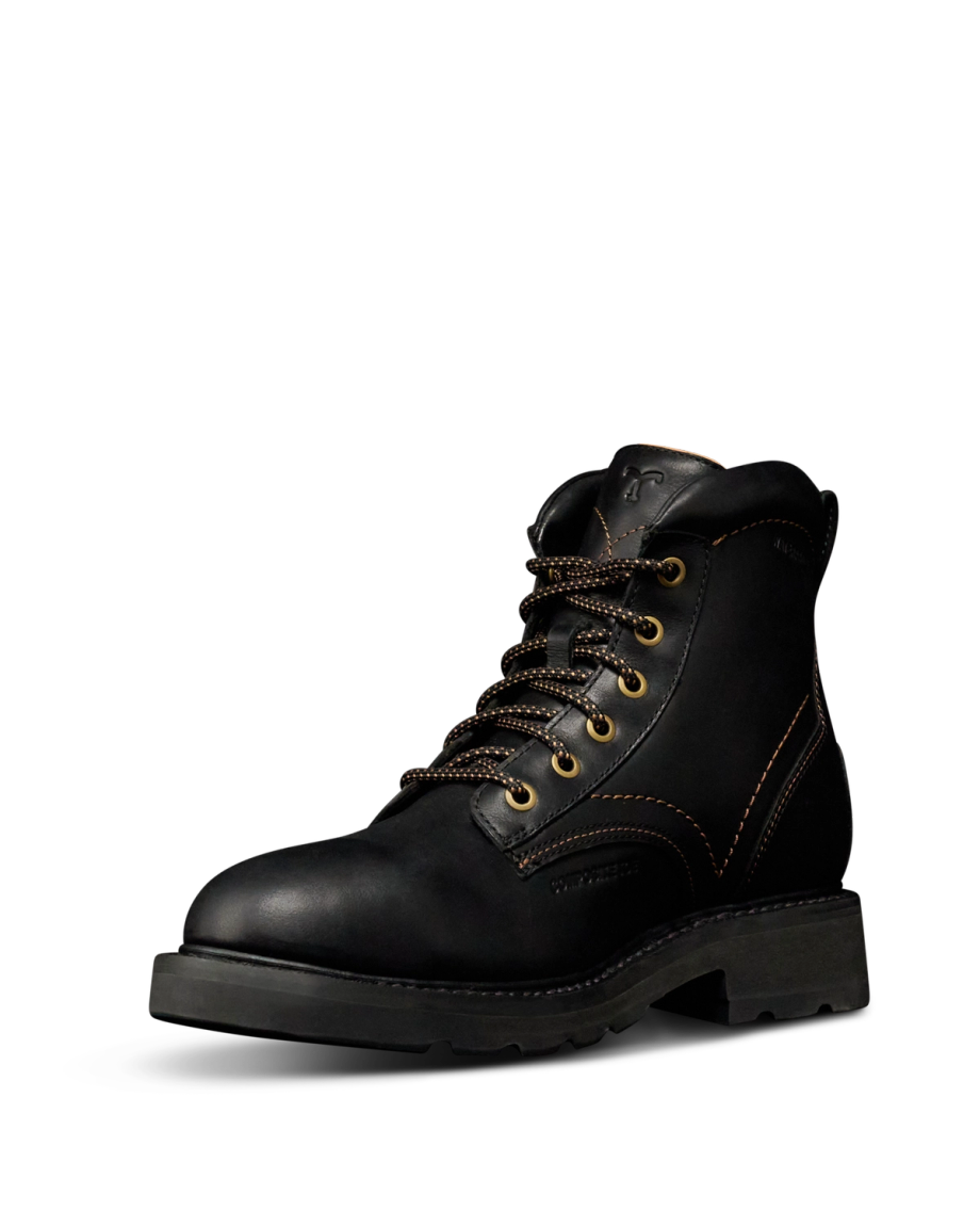 Quarterfront view of LongHaul Waterproof Lace Up Composite Toe Work Boot - Midnight on plain background