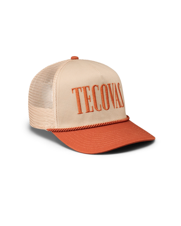 Quarterfront view of Tecovas Badge Trucker - Burnt Orange on plain background
