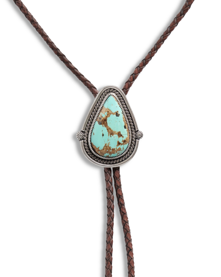 Closeup detail view of Iron Lamb Turquoise Drop Bolo - Turquoise/Brown