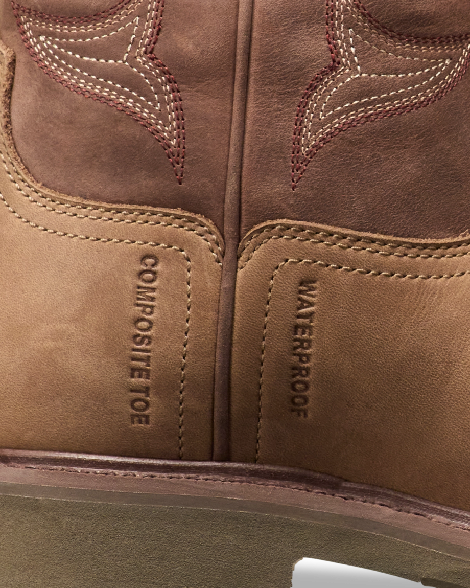 Toe view of The LH WP Round Comp Toe Work Boot - Tan / Cafe Cowhide on plain background